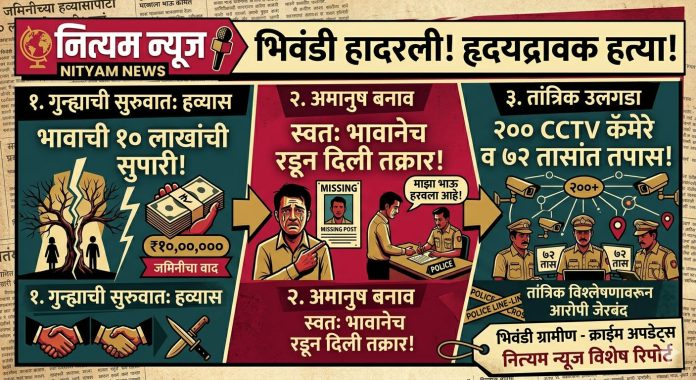 Infographic of Bhiwandi Ganeshpuri brother murder case over land dispute for 10 lakh supari by Nityam News.
